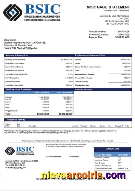Mali BSIC Mali mortgage statement Word and PDF template